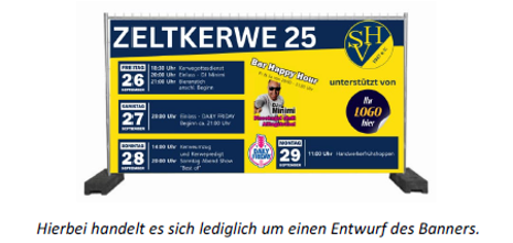 Ein Banner in Blau und Gelb mit Logomustern von verschiedenen Firmen