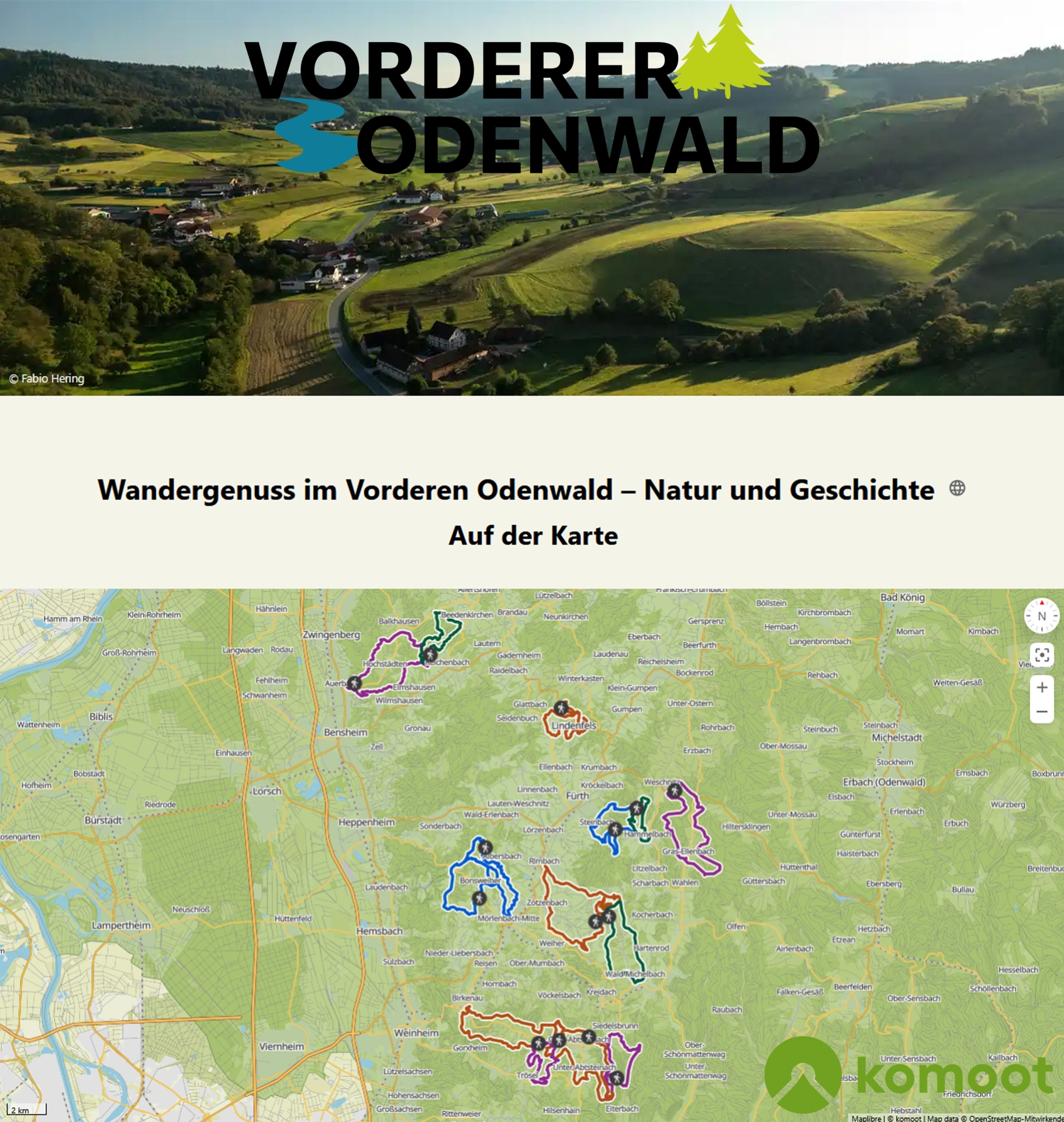 Bild aus der Luft vom Odenwald und Karte mit den Wanderrouten