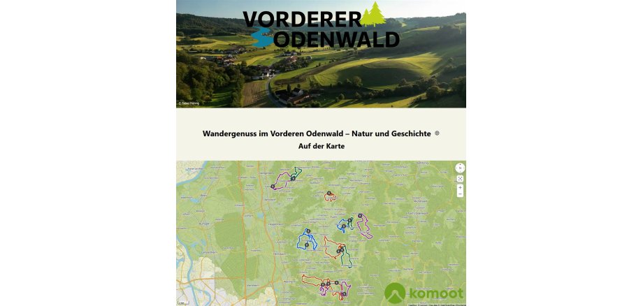Bild aus der Luft vom Odenwald und Karte mit den Wanderrouten
