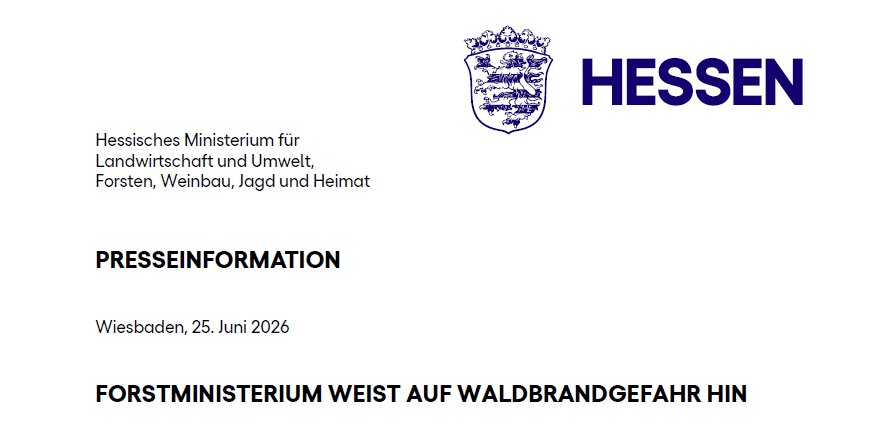 Hinweis vom Ministerium auf Waldbrandgefahr