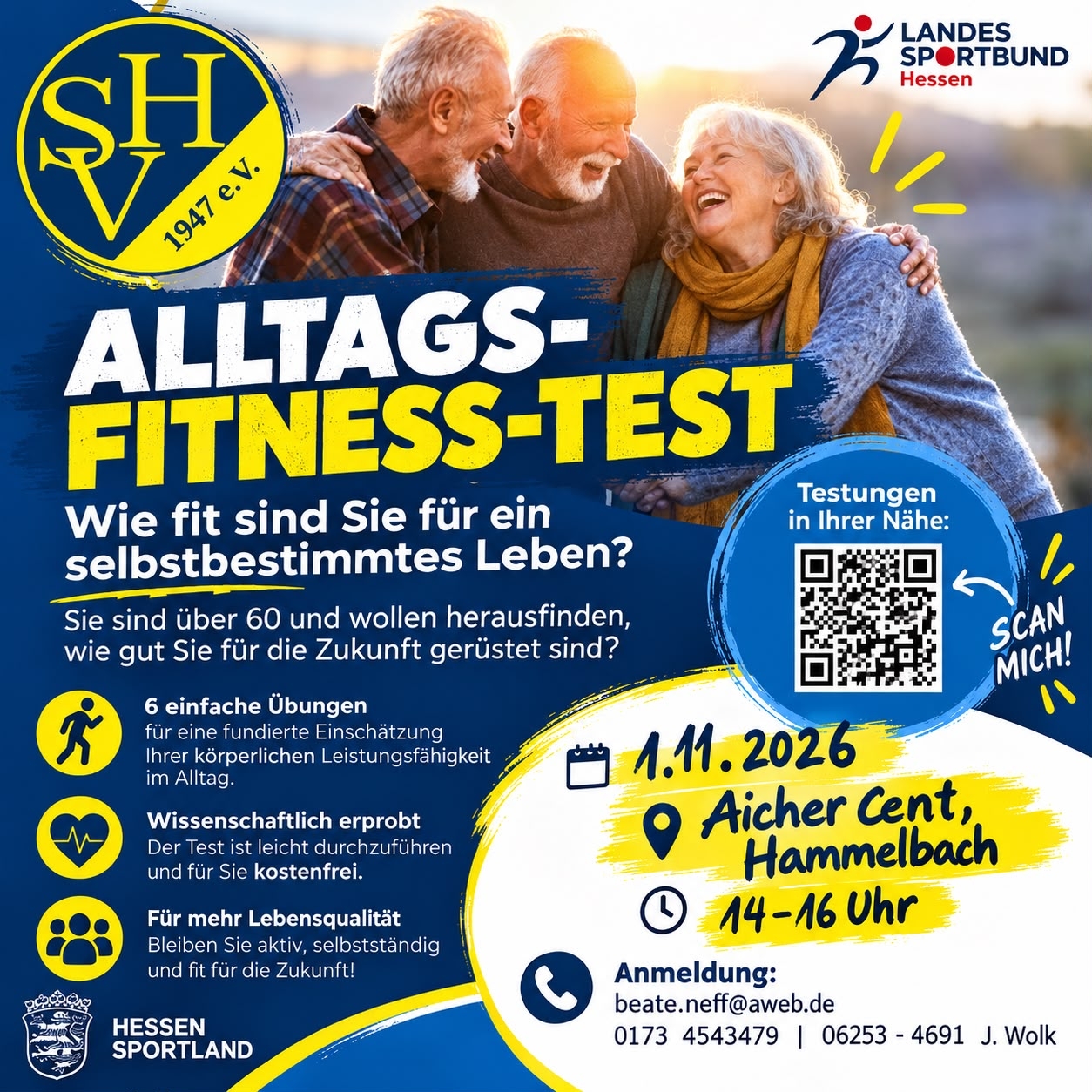 Plakat für einen Fitnesstest für Senioren mit Bildern von Senioren und den Daten dazu