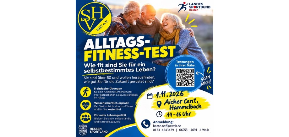 Alltags-Fitness-Test Plakat für einen Fitnesstest für Senioren mit Bildern von Senioren und den Daten dazu